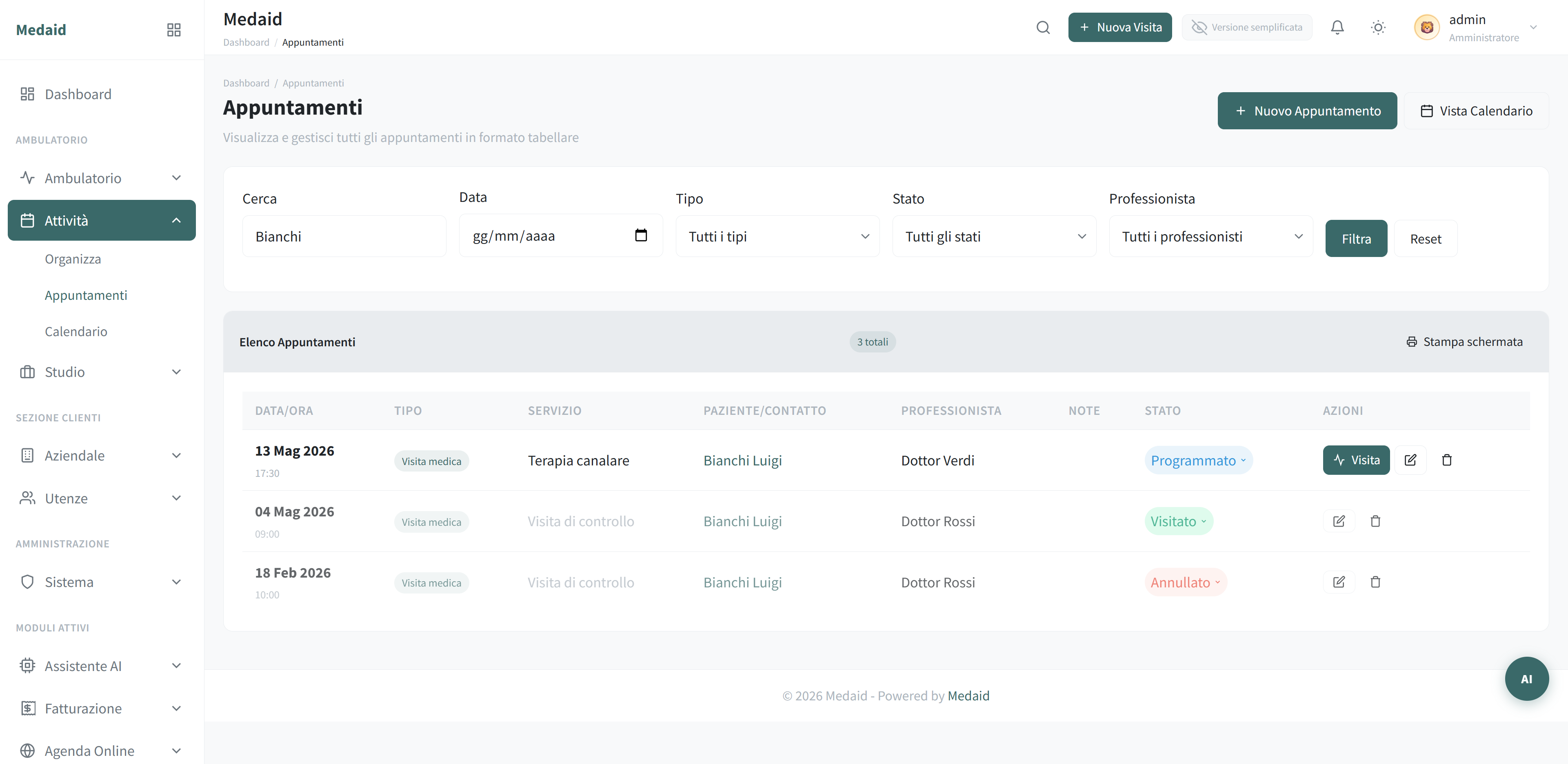 Schermata Medaid: elenco appuntamenti con filtri, tabella per data e stato, vista alternativa al calendario.