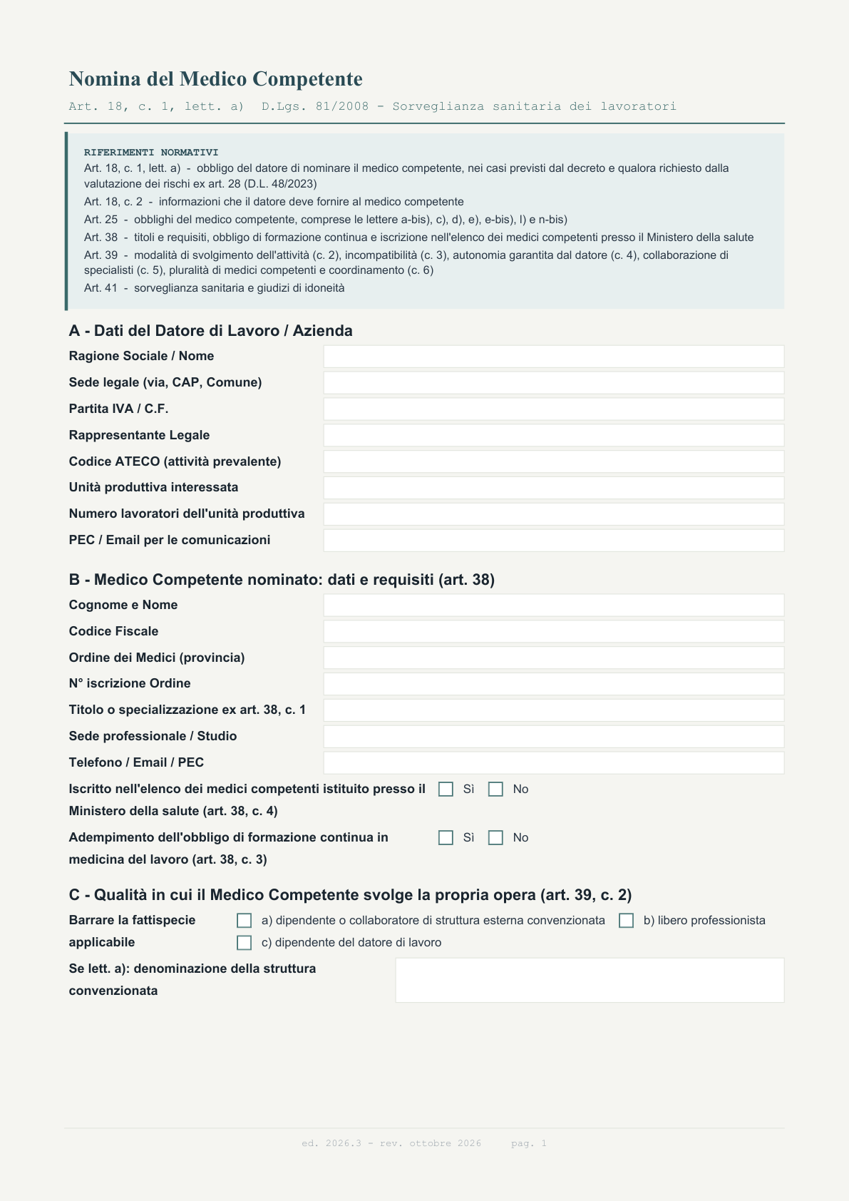 Anteprima della prima pagina del modello di nomina del medico competente